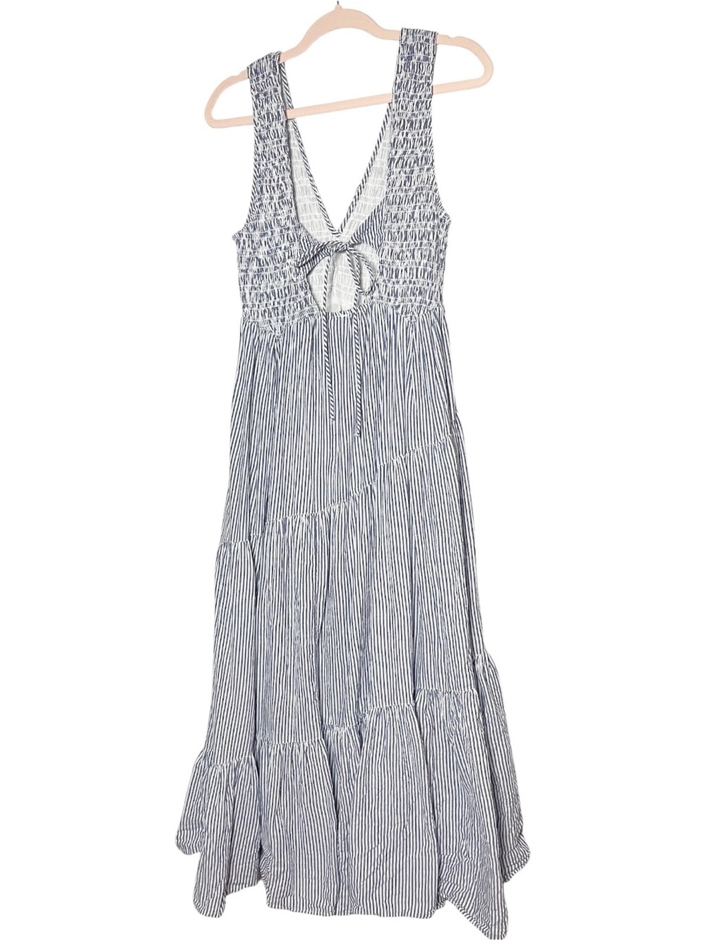 Free People Juno Maxi Dress Blue White Stripe Smocked Open Back Size Small boho - Picture 10 of 11